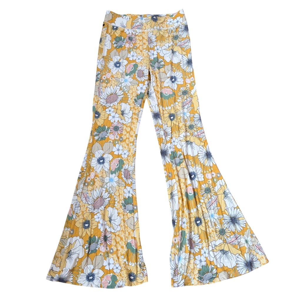 NWT O'Neill Daisy Belle Floral Yellow Flare Pants Size Small Beach Boho‎ Hippie